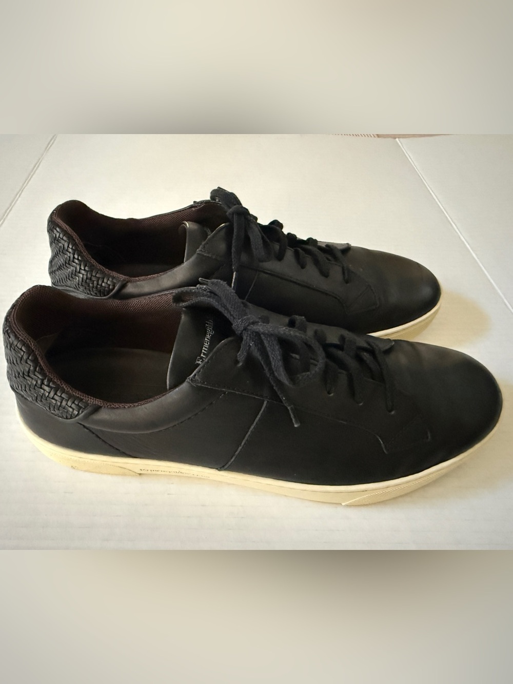 Zegna Black Leather Low Top Pelletessuta Sneakers Woven Heel Panel Men's Size 10
